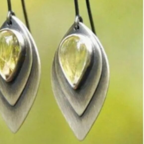 Beautiful Synthetic Yellow Tourmaline & Silver Electro-Plated Dangle Earrings - Picture 2 of 2